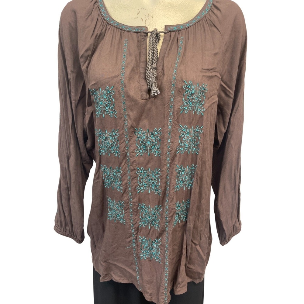 Pink Cattlelac Womens Embroidered Keyhole Neck Tunic Blouse Size‎ XL Long Sleeve